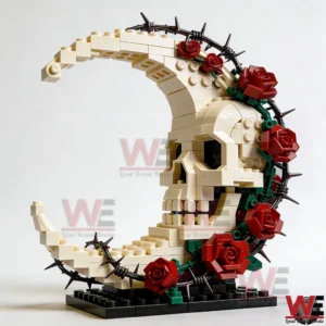 Brick built crescent moon skull model with red rose accents thorn elements and a bold artistic design on a black base!