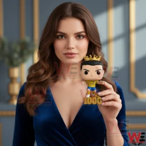 Cristiano Ronaldo Al Nassr 1000 Goals Pop Figure 5 A woman posing indoors while holding a football collectible figure with a crown and milestone base symbolizing a historic goal achievement!