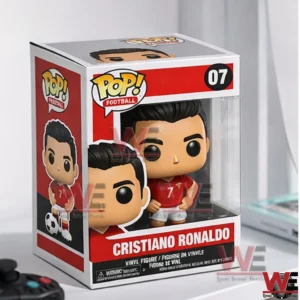 Boxed football player vinyl figure in a red uniform shown through a clear display window!