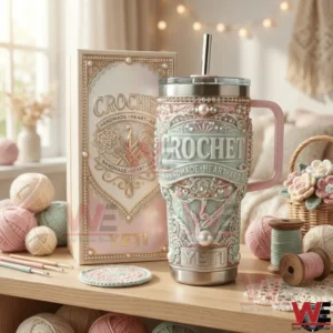 Crochet themed Yeti tumbler with pastel colors on a craft table surrounded by yarn and tools!