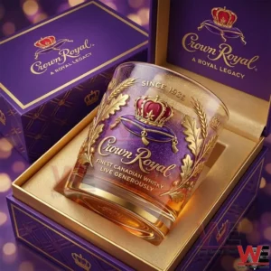 Crown Royal whisky glass displayed inside a luxury purple gift box!