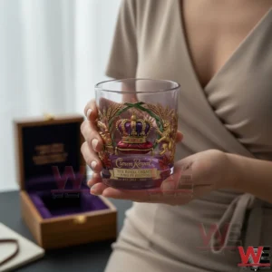 Hand holding a luxury Crown Royal whiskey glass with royal crown design!