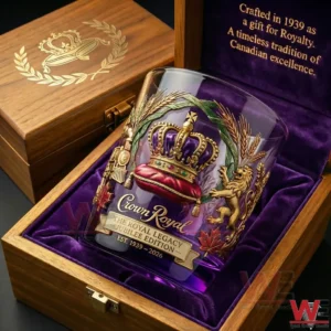 Crown Royal The Royal Legacy Jubilee Edition Whiskey Glass 3 Crown Royal whiskey glass displayed inside a wooden presentation box!