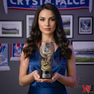 Woman holding a Crystal Palace anniversary pilsner glass indoors!