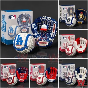 Multiple MLB team glove and baseball brick models arranged with packaging showing different team colors and logos!