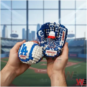 A Dodgers glove and baseball brick model held by hands with a stadium scene visible in the background!
