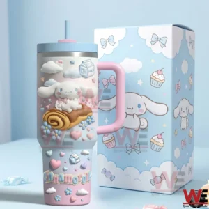 Pastel Cinnamoroll tumbler with handle and straw displayed next to a matching illustrated box on a light background!