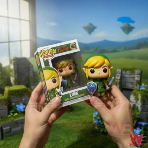 Link collectible figure and matching box held in hands with Heroes Games Zelda branding set against a sunny fantasy landscape backdrop!