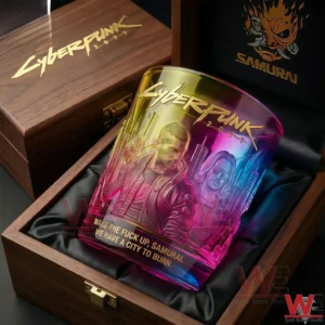 Cyberpunk themed whiskey glass inside a wooden presentation box!