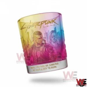 Cyberpunk style whiskey glass with colorful futuristic artwork!