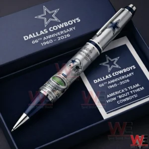 Close up of a Dallas Cowboys 66th anniversary commemorative pen in a navy presentation box with team star logo and text 1960 to 2026!