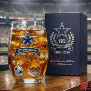 Dallas Cowboys anniversary whiskey glass with ice and team star emblem displayed next to a dark blue presentation box!