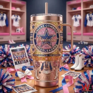 Rose gold Dallas Cowboys Cheerleaders tumbler standing on a table with cheerleading decorations and locker room background!