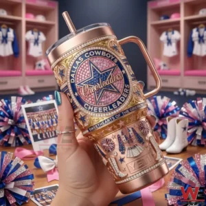 Hand holding a rose gold Dallas Cowboys Cheerleaders tumbler with cheerleading decor and locker room setting!
