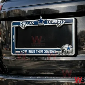 Football themed license plate frame attached to a car rear with team design elements!