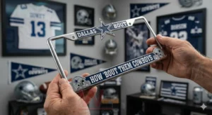 Football license plate frame held by hands in a sports fan room setting!