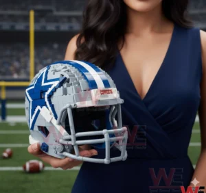 A building block football helmet with Dallas Cowboys colors and star logo held by a person on a football field background!