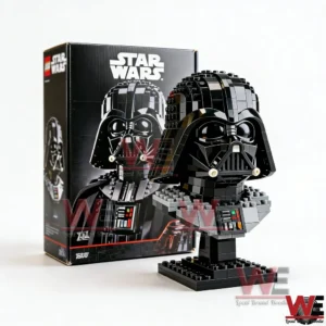 Brick built Darth Vader helmet display model on a stand with a Star Wars themed box behind on a white background!