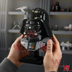 Hands holding a brick built Darth Vader helmet display model on a stand with sci fi collectible shelves in the background!