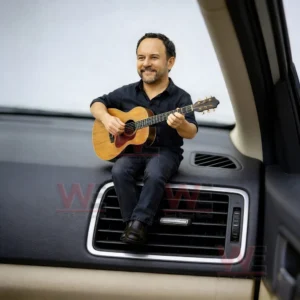 Miniature man with an acoustic guitar sitting on a car dashboard above an air vent in a modern vehicle interior
