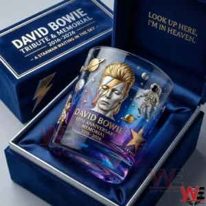 David Bowie tenth anniversary memorial whiskey glass displayed inside a blue gift box with cosmic themed artwork!