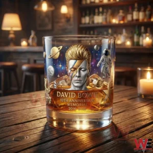 David Bowie 10th Anniversary Memorial 2016-2026 Whiskey Glass 4 David Bowie memorial whiskey glass with space artwork resting on a wooden table in a softly lit bar!