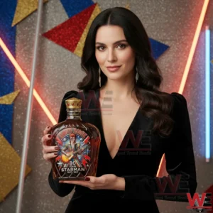 A woman in an elegant black outfit holding a David Bowie Starman anniversary whiskey bottle with detailed artwork and colorful decorative lights behind her!