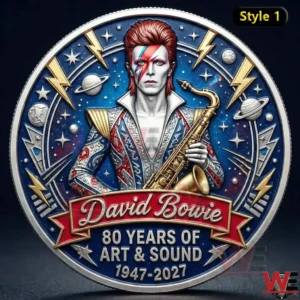 Commemorative coin with a detailed David Bowie portrait holding a saxophone set against a cosmic background with stars planets and artistic symbols!