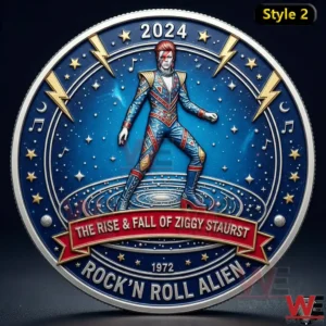 Ziggy Stardust themed commemorative coin with a full body alien rock figure cosmic background and musical symbols!