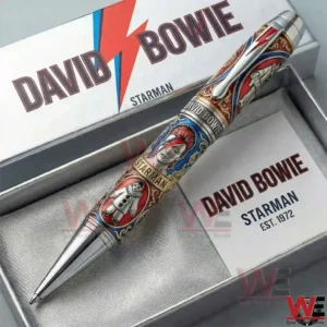 Closeup of a luxury David Bowie Starman themed pen with intricate artwork displayed inside a premium presentation box!