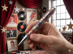 Hand holding a David Bowie Starman themed metal pen with artistic details in a music inspired setting!