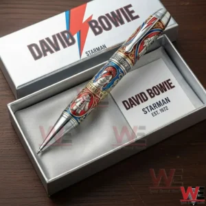 David Bowie Starman themed metal pen displayed inside an open presentation box!
