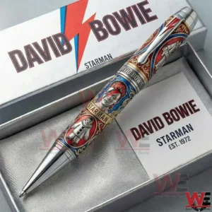 Close up of a David Bowie Starman themed metal pen inside a display box!