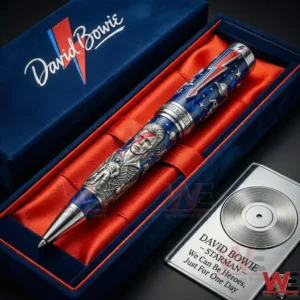 David Bowie commemorative pen in a blue presentation box with red interior and space themed artwork featuring a portrait and lightning bolt design.