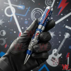 Gloved hand holding a David Bowie themed pen with stars lightning bolt artwork and a portrait illustration in a music themed setting.