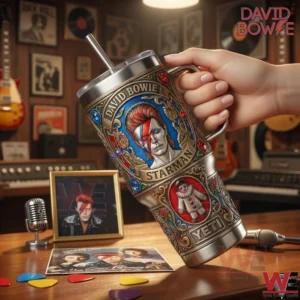 Hand holding a David Bowie Starman insulated tumbler with handle and straw in a vintage music studio environment!