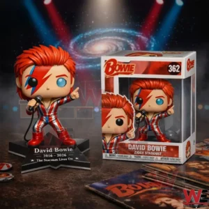 David Bowie Ziggy Stardust vinyl figure on a base next to a Bowie 362 box with a galaxy stage background and spotlights!