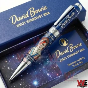 David Bowie Ziggy Stardust era pen inside a blue galaxy themed presentation box with bold gold text!