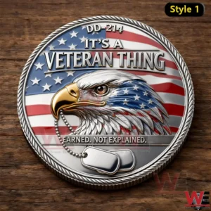 Veteran themed commemorative coin with eagle design and patriotic background displayed on a wooden surface!