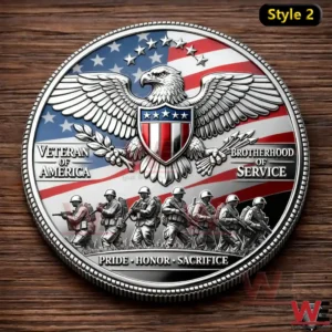 Commemorative veteran coin with eagle wings shield soldiers and patriotic colors on a wooden background!