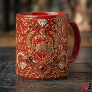 The image presents a red ceramic mug with detailed ornamental relief a bold crest design and a classic handle in a studio setting!