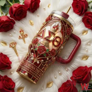 Red and gold Delta Sigma Theta insulated tumbler with rose decorations on a soft background!