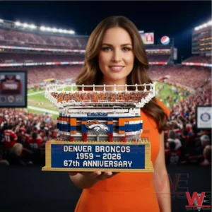 A woman holding a Denver Broncos anniversary stadium building block model inside a football stadium!