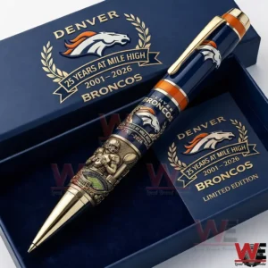 Denver Broncos twenty five years at Mile High ballpoint pen in a presentation box featuring team logo anniversary text and detailed player and stadium artwork.