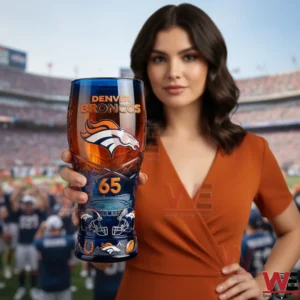 Model holding a Denver Broncos anniversary beer glass with a football stadium background!