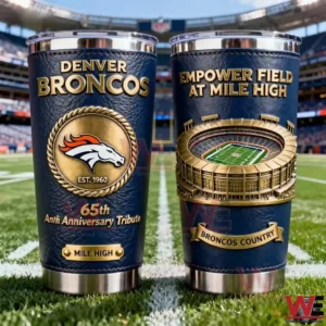 Two navy Denver Broncos insulated tumblers with gold lettering and a raised stadium relief design displayed on a football field.