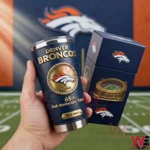 Hand holding a navy Denver Broncos sixty fifth anniversary insulated tumbler next to a matching gift box with team logos.