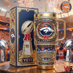 A gold detailed Denver Broncos championship tumbler with decorative box shown in a festive football stadium scene!
