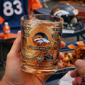 A hand holding a Denver Broncos limited edition whiskey glass with ice and brown liquor inside surrounded by stadium seats and team colors!