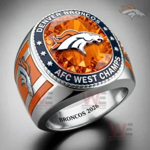 Close up of a Denver Broncos themed ring with orange gemstone face horse head logo Denver Broncos and AFC West Champs text star accents side logos and Broncos 2026 engraving inside the band